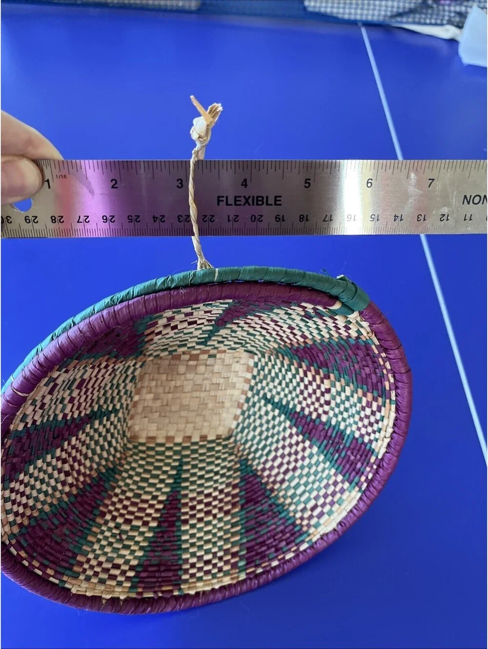 Handwoven Hanging Basket Purple Green Straw Tan 10’’ Bowl BOHO Decoration